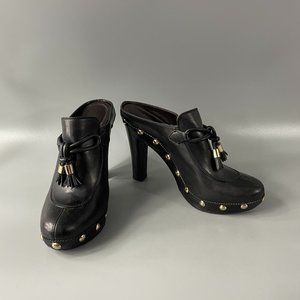 Yvest Saint Laurent Black Leather Wood Platform  Clogs  Women's Size 38